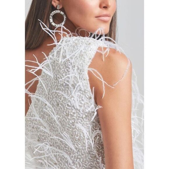 Retrofete One Shoulder Sina Ostrich Feather Bodycon Mini Dress White Small $895 - Picture 2 of 15